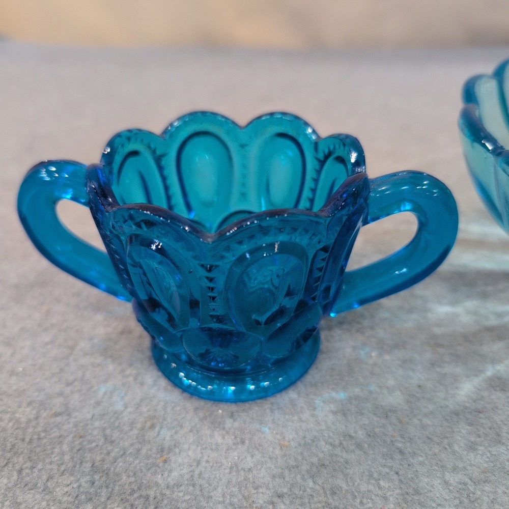 Vintage Blue Glassware Set Moon and Star Sugar Bowl & Scalloped Swirl Bowl Aqua - Picture 2 of 9